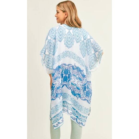 Rachel Roy Boho Kimono Beach Cover Up in Blue Paisley Design, One Size Fits All - Picture 1 of 11
